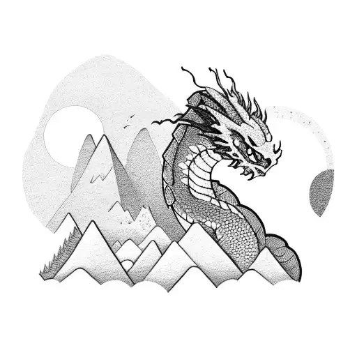 One Line Mountain With Small Moon On The Left And Small Dragon On The Right