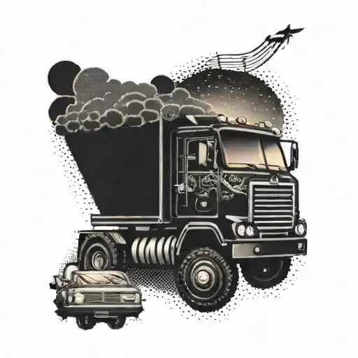 A Dotwork Tattoo Of A Truck With A Sunset Background And Musical Notes Floating Around It