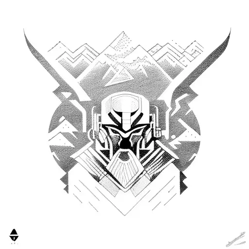 Dotwork Illustration Of A Norse God Climbing A Mountain With Cybernetic Enhancements