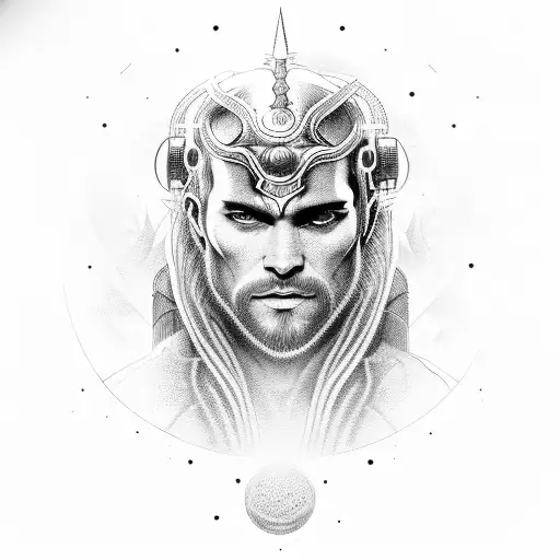 Dotwork Illustration Of A Norse God With Cybernetic Enhancements