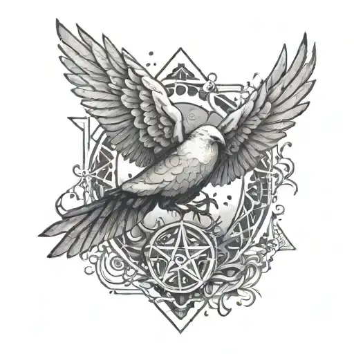 Gaming-inspired Tattoo Of A Dove Intertwined With Mystical Symbols In Dotwork Style