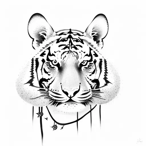 Tiger On A Flower Tree With Birds And Lightning