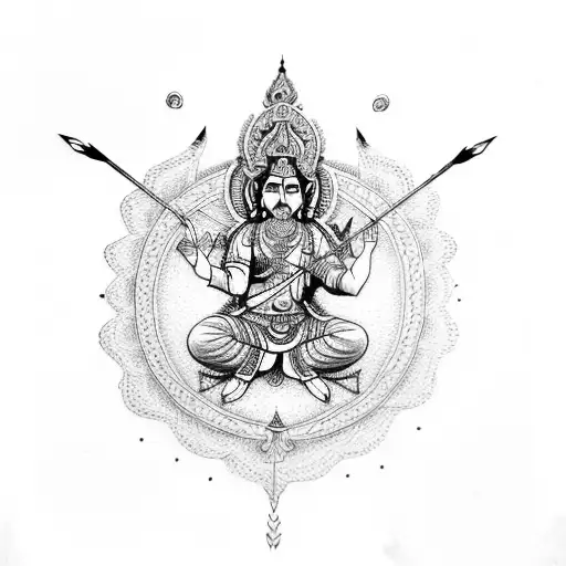 An Intricate Dotwork Tattoo Of Lord Ram Shooting An Arrow With A Celestial Background