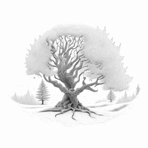 A Man Hiding Under Dying Tree In The Darkness