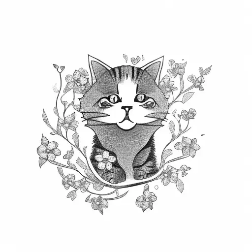 A Minimalist Tattoo Of A Cat Sitting On A Branch With Flowers Blossoming Around It