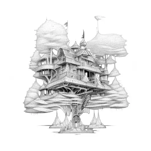 Steampunk Inpired Treehouse With Multiple Levels With Emphasis On A Tree