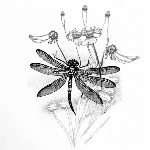 Dragonfly With Daisies Or Sweatpea Flowers