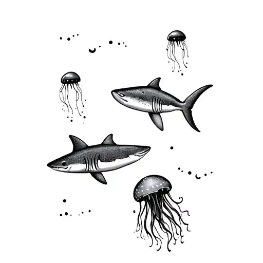 Pac-man Style Shark And Jellyfish Swimming Around Calf