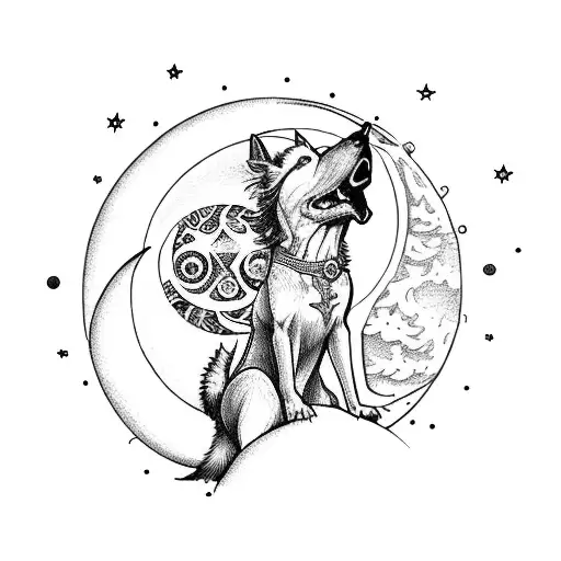 A Celestial Tarot Card Depicting A Dog Howling At The Moon On A Serene Beach