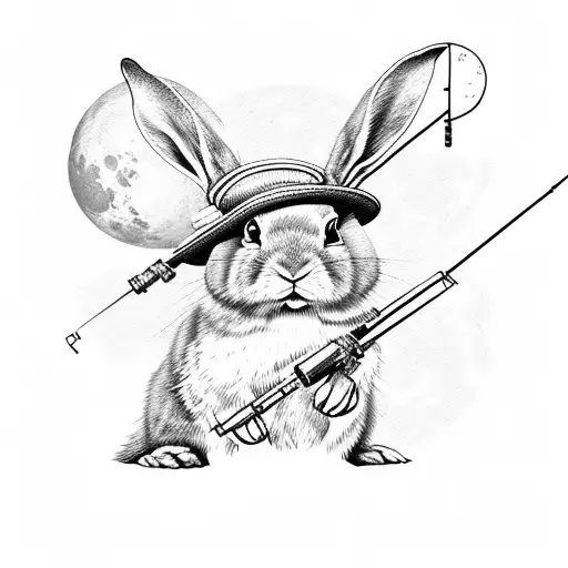 A Rabbit With A Strawhat On His Head Sitting On The Moon With A Fishing Rod