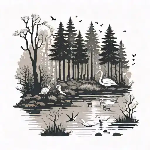 Forest With Swans Swimming Lots Of Trees
