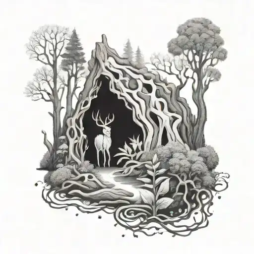 Enchanted Forest Scene With A Mysterious Creature Intertwined With Artist Tools