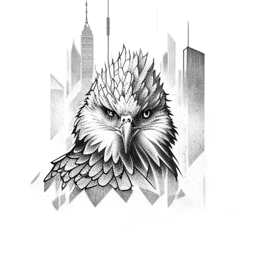 A Tattoo Of A Movie Character Surrounded By A City Skyline And An Eagle Perched On Their Shoulder