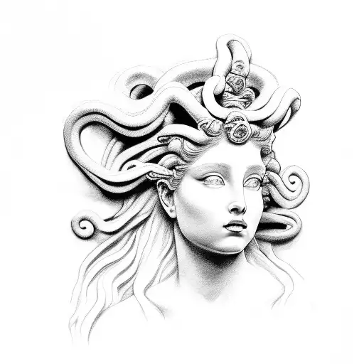 Face Of The Goddess Medusa Posing In Profile With Stone Sculpture Effect