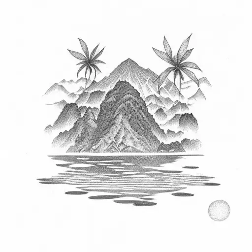 A Dotwork Design Of Lake Atitlan Surrounded By Lush Mayan Jungle