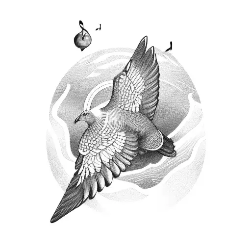 A Pigeon Soaring Over A Mountain Range With Musical Notes Trailing Behind