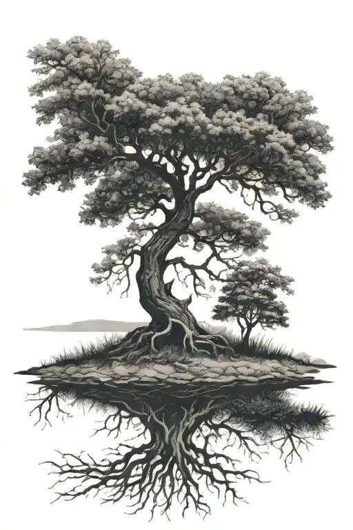 Tree On A Field With Roots Spreading