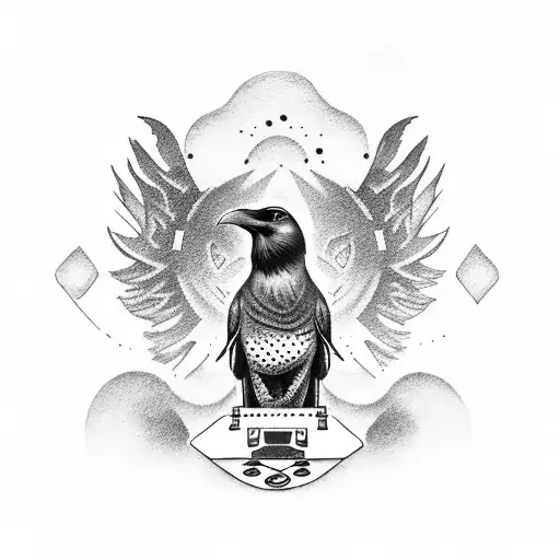 A Dotwork Tattoo Of A Raven Perched On A Retro Arcade Machine