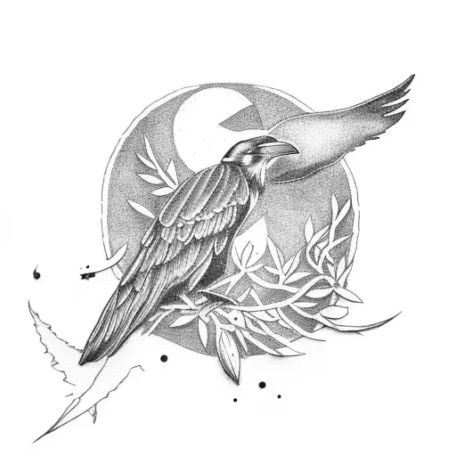 Raven Holding Olive Branch With Crescent Moon