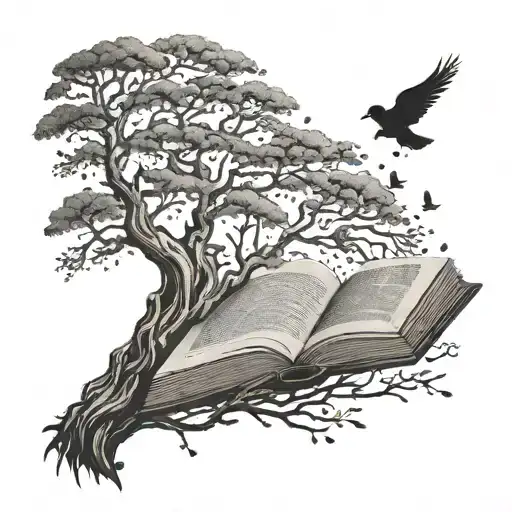 Tree With Half Branch Half Birds Flying Away And A Book At The Bottom