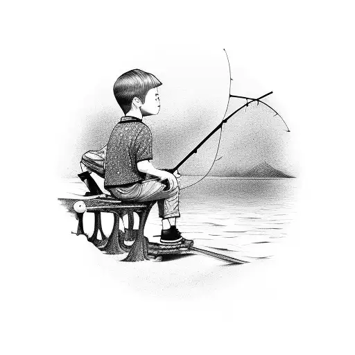A Boy And His Father Are Sitting By The River And Fishing