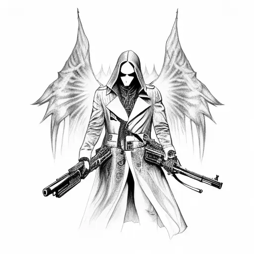 Dark Men Angel Wearing Long Trench Coat With Two Guns In Gothic Background