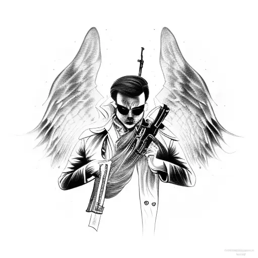 Dark Men Angel Wearing Long Trench Coat With Two Guns In Gothic Background