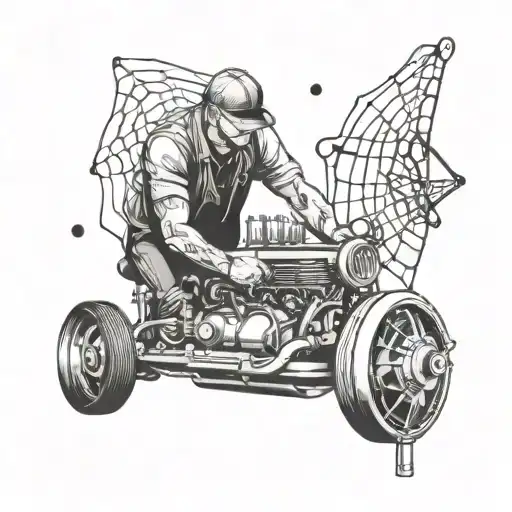 A Mechanic Working On A Vintage Car Engine With Spider Webs Intertwined In The Background