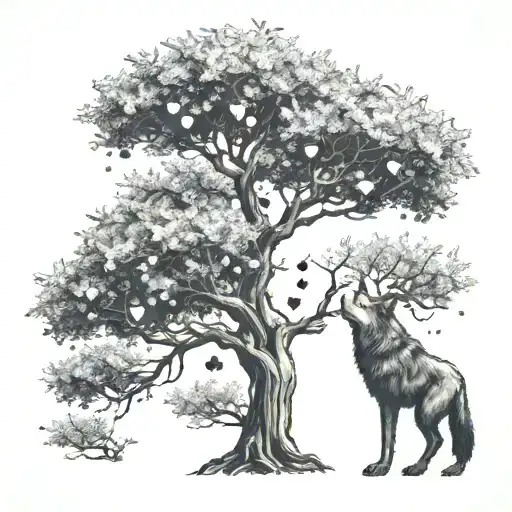 Create An Olive Tree That Has An Ace Of Clubs In A Branch And A Wolf Sitting Beneath The Tree