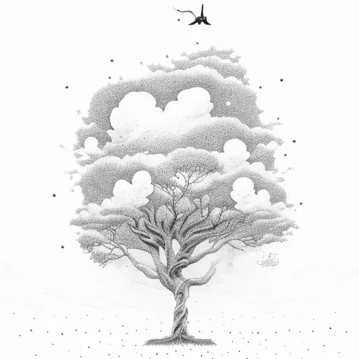 A Majestic Tree Surrounded By Clouds And Birds