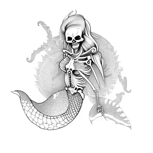 A Skeleton Of A Mermaid In Old School Design Japanese Style