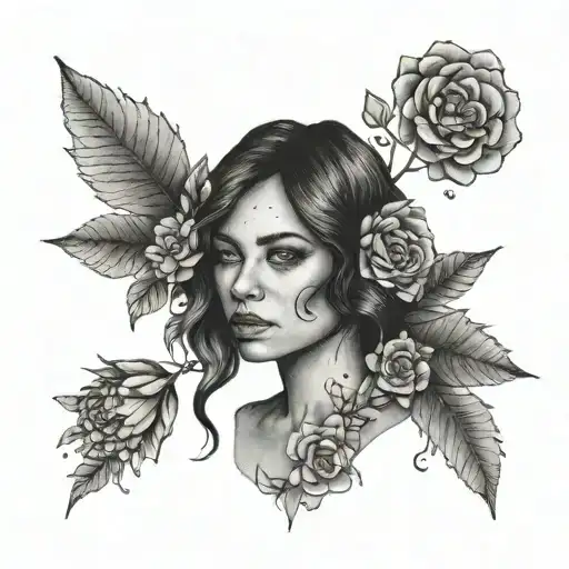 A Minimalist Portrait Tattoo Of Vicky With Floral Accents In Dotwork Style