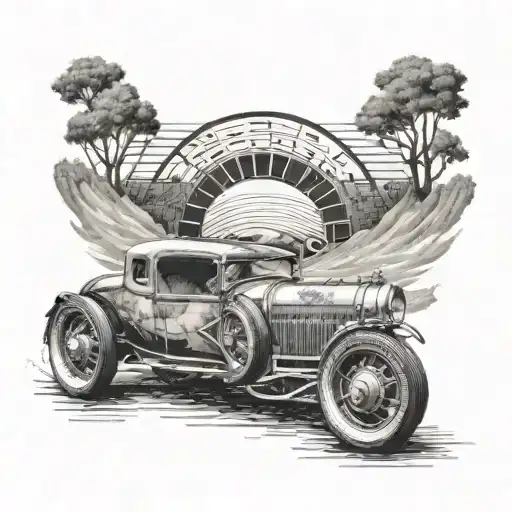 Create A Tattoo Of A Vintage Car Racing Through A Winding Road With Intricate Dotwork Details