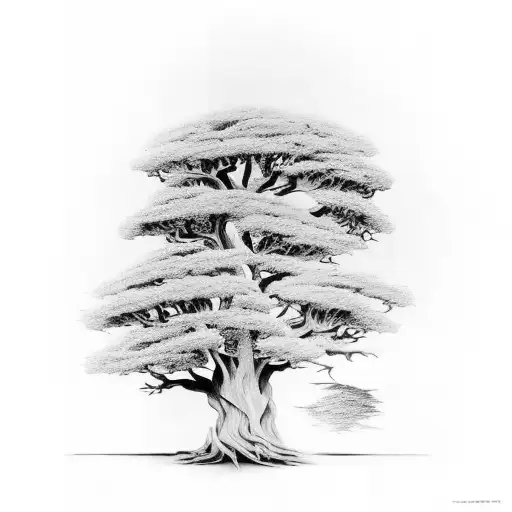 Cypress Tree Intertwined With Chestnut Tree With Arbutus Flowers At The Base