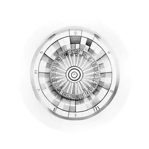 A Dotwork Design Of A Roulette Wheel With The Numbers 444 And The Word 'Aposta' In The Center