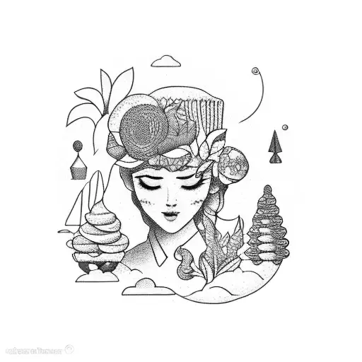 A Dotwork Tattoo Of A Pastry Chef Surrounded By A Serene Nature Scene
