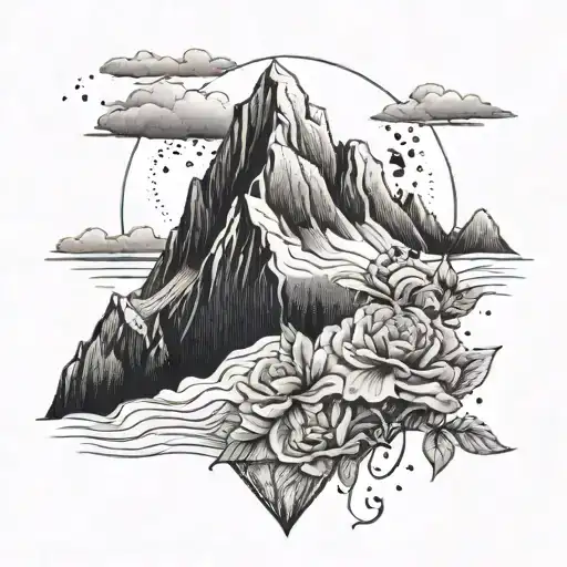 A Dotwork Tattoo Of A Mountain Peak With A Trail Of Climbing Roses Leading To The Summit