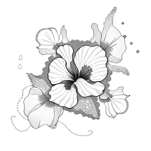 A Dotwork Illustration Of A Serene Beach With Hibiscus Flowers Scattered Along The Shore