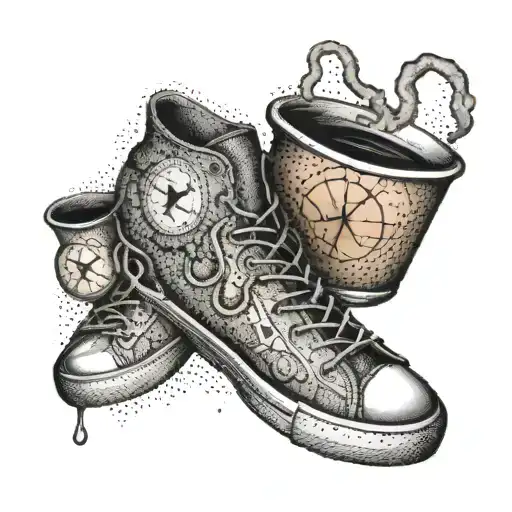 A Surreal Tattoo Design With A Coffee Cup Morphing Into A Basketball And A Shoe