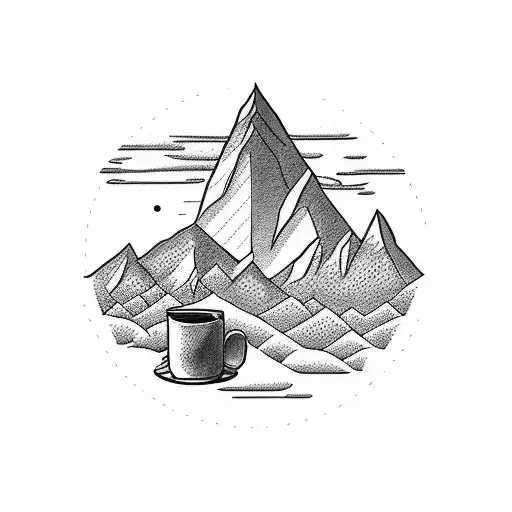 A Dotwork Tattoo Of A Journalist's Notepad With Mountains And A Coffee Cup As Background Elements