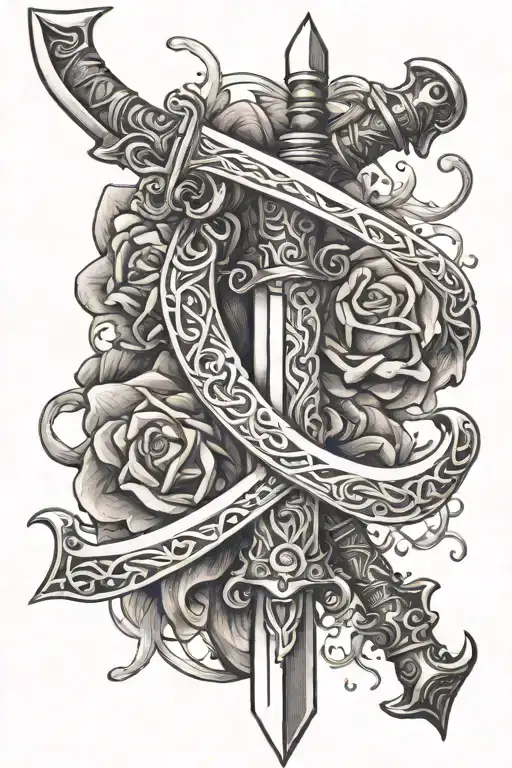 Pair Of Swollows Around A Sword Intertwined