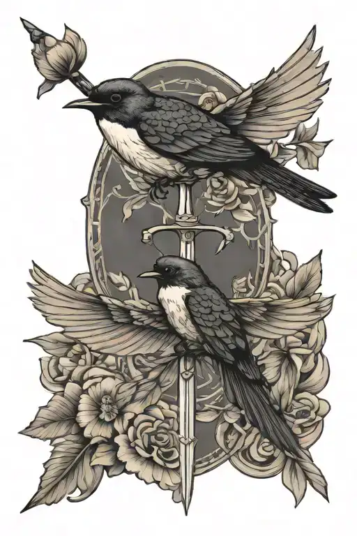 Pair Of Swallows Flying Around A Sword