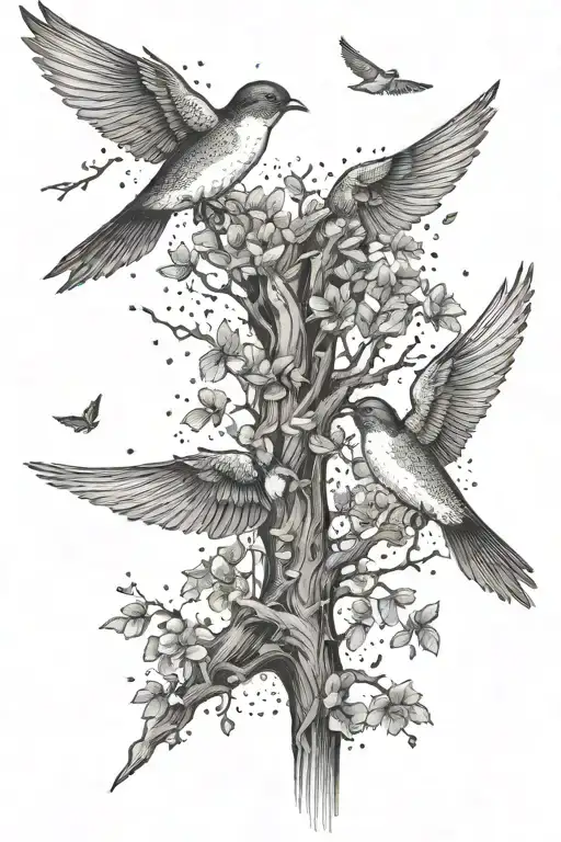 Pair Of Swallows Flying Around A Tree