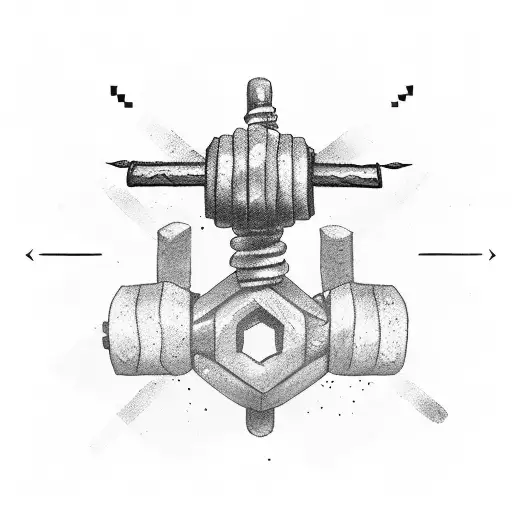 A Minimalist Black And Grey Tattoo Of A Dumbbell Intertwined With A Samurai Sword