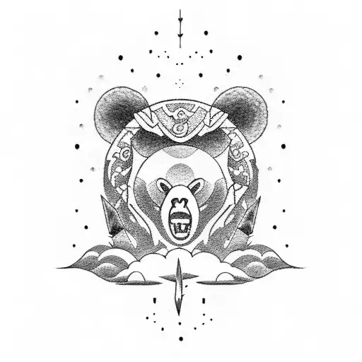 A Dotwork Tattoo Of A Wizard Bear Summoning Lightning Bolts