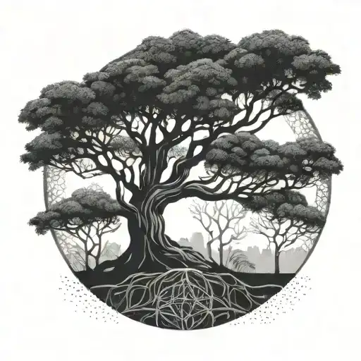 Banyan Tree Silhouette With Intricate Geometric Patterns