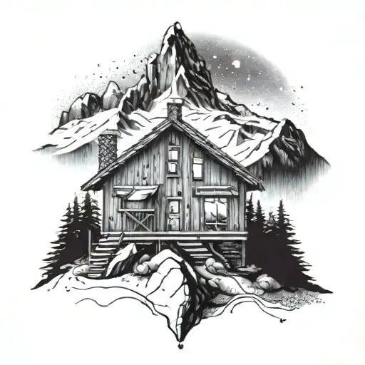 A Dotwork Tattoo Of A Stylized Architectural Blueprint Of A Mountain Cabin