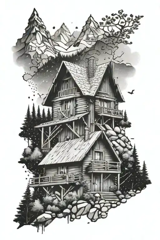 A Dotwork Tattoo Of A Stylized Architectural Blueprint Of A Mountain Cabin