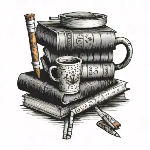 A Stack Of Books With A Coffee Mug And A Pack Of Cigarettes