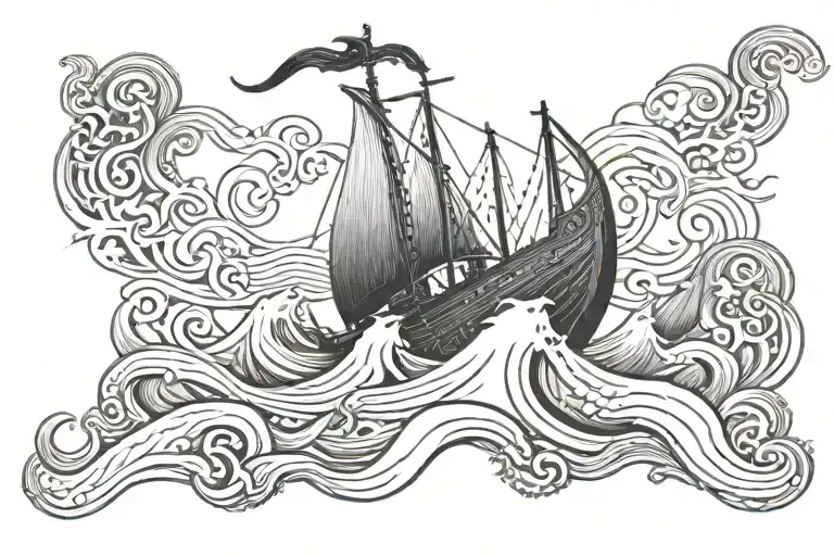 Viking Ship In Waves With Kraken